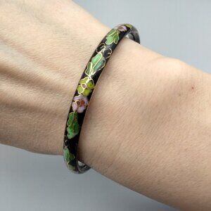 Cloisonné Enamel Floral Flower Black Bangle Bracelet VTG Chinese Export 1970's